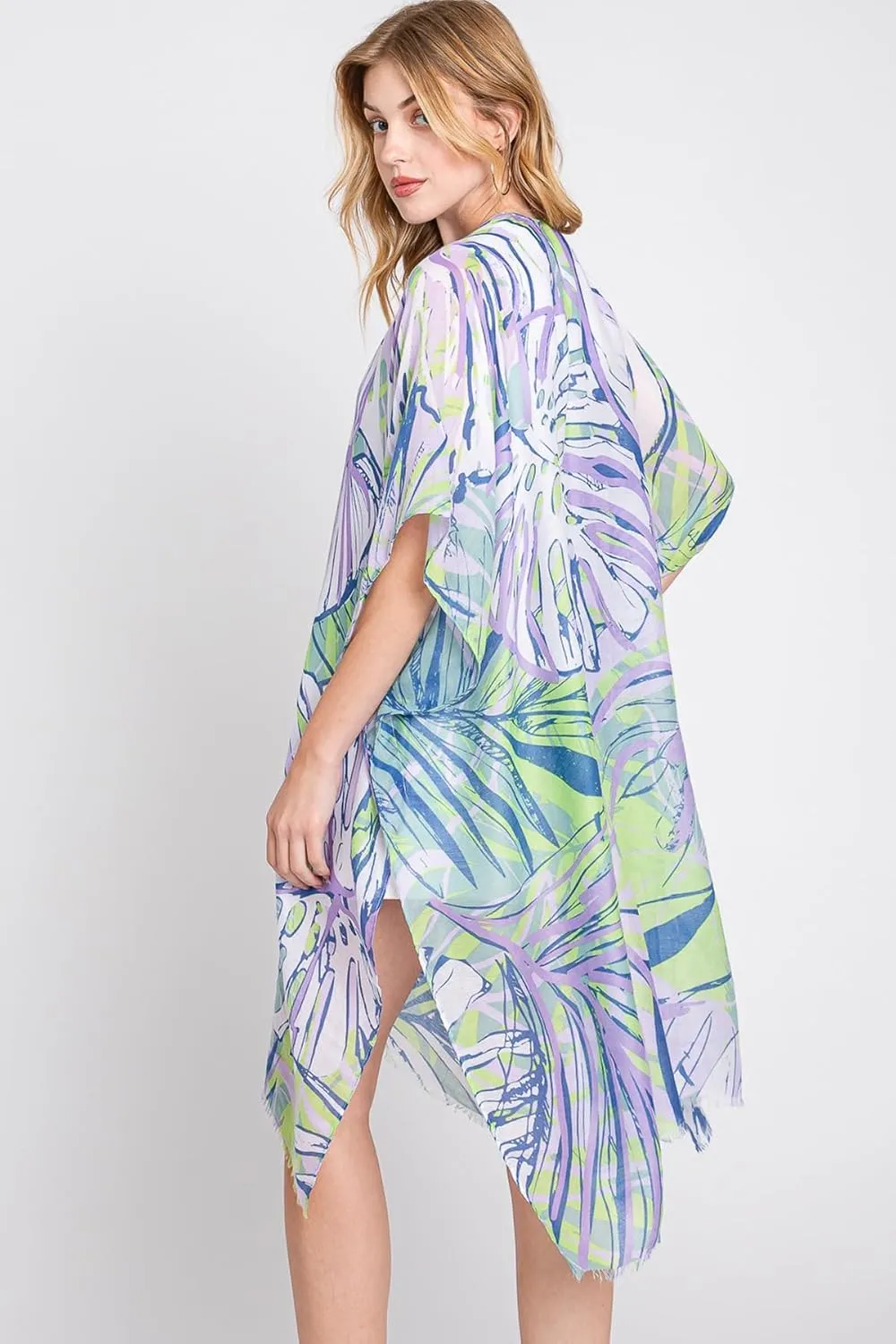Lightweight Open Shawl Cardigan - Kimono Kaftan Poncho, Sheer Beach Swim Cover-Up Vest Floral Tassel, Tropical Leaf Print