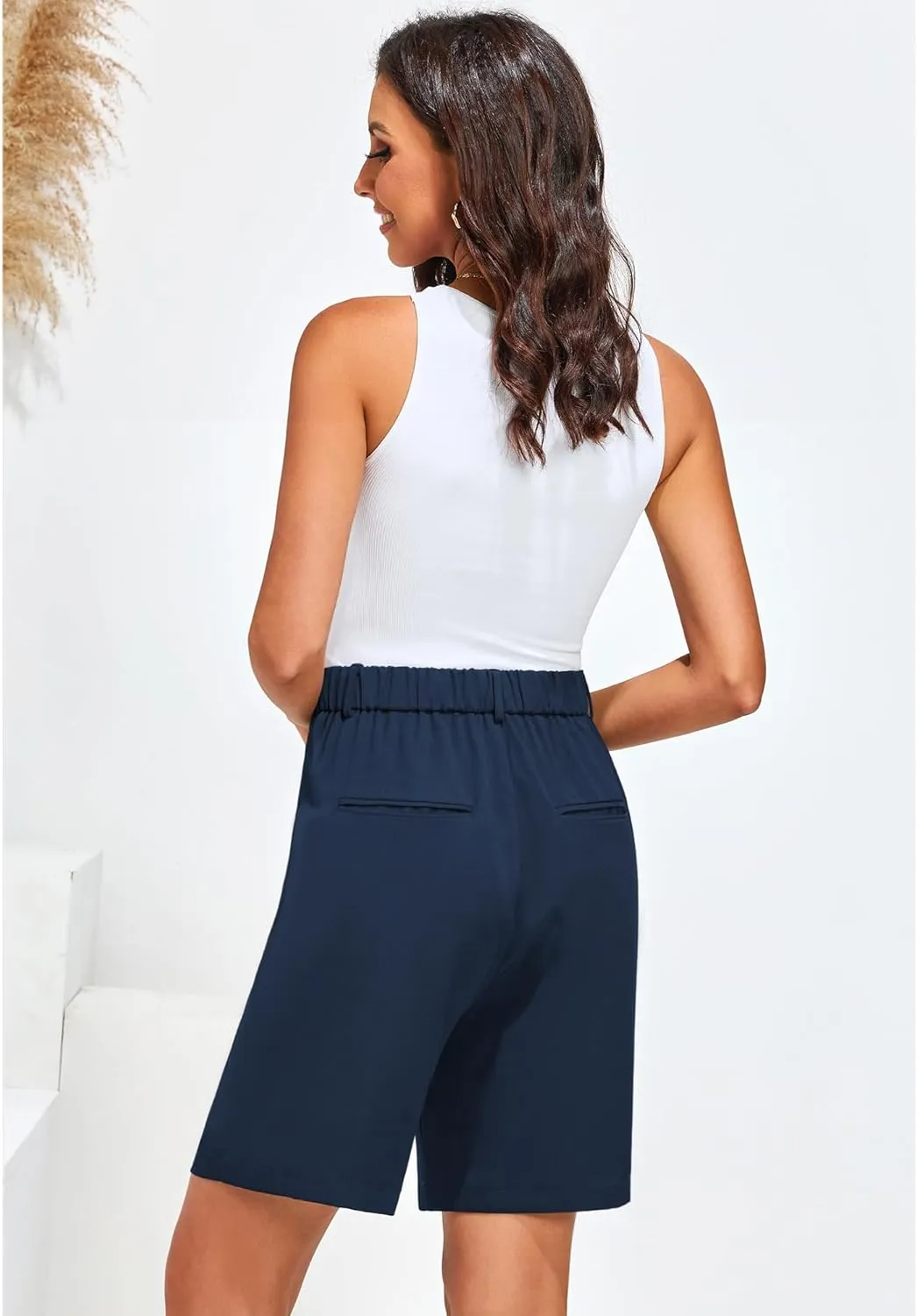 luvamia Bermuda Shorts for Women Dressy Casual High Waisted Summer Work Elastic Waist Pleated Dress Shorts with Pockets