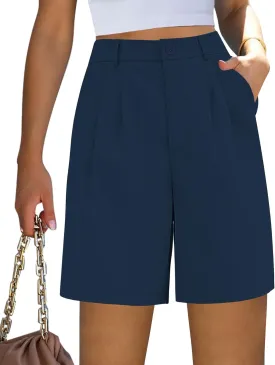 luvamia Bermuda Shorts for Women Dressy Casual High Waisted Summer Work Elastic Waist Pleated Dress Shorts with Pockets