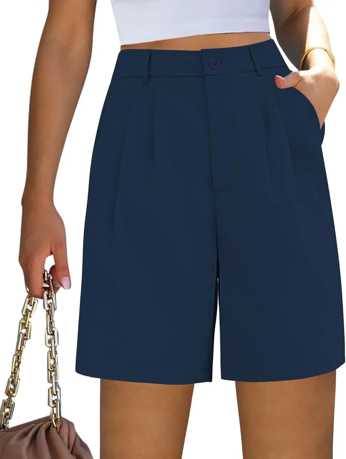 luvamia Bermuda Shorts for Women Dressy Casual High Waisted Summer Work Elastic Waist Pleated Dress Shorts with Pockets