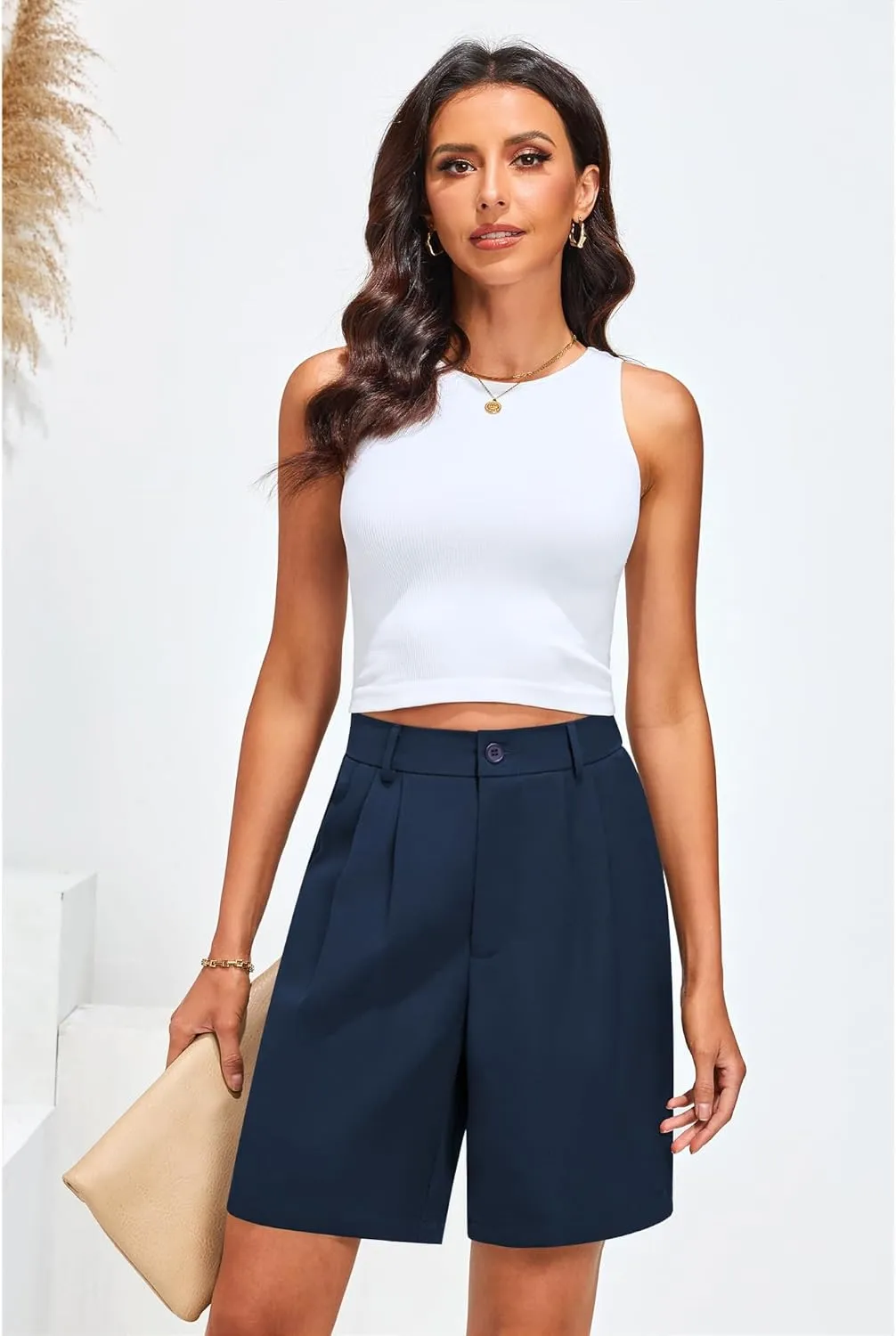 luvamia Bermuda Shorts for Women Dressy Casual High Waisted Summer Work Elastic Waist Pleated Dress Shorts with Pockets