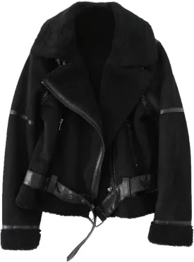 LY VAREY LIN Women's Faux Shearing Moto Jacket Thick Lined Parka Winter Shearling Coat Leather Jacket