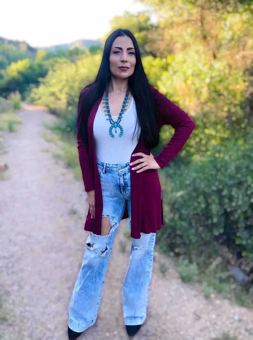 Maroon Waffle Knit Cardigan