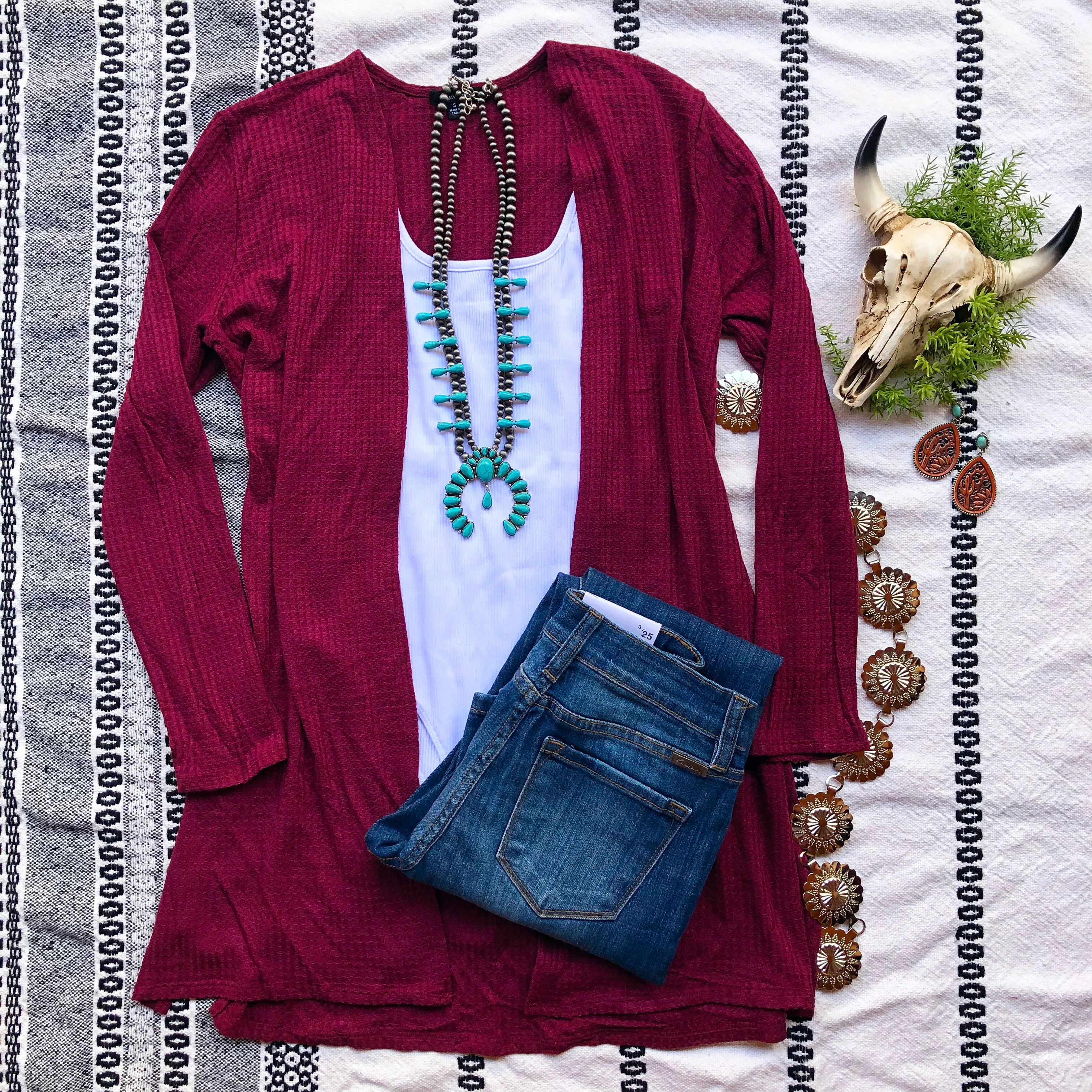 Maroon Waffle Knit Cardigan