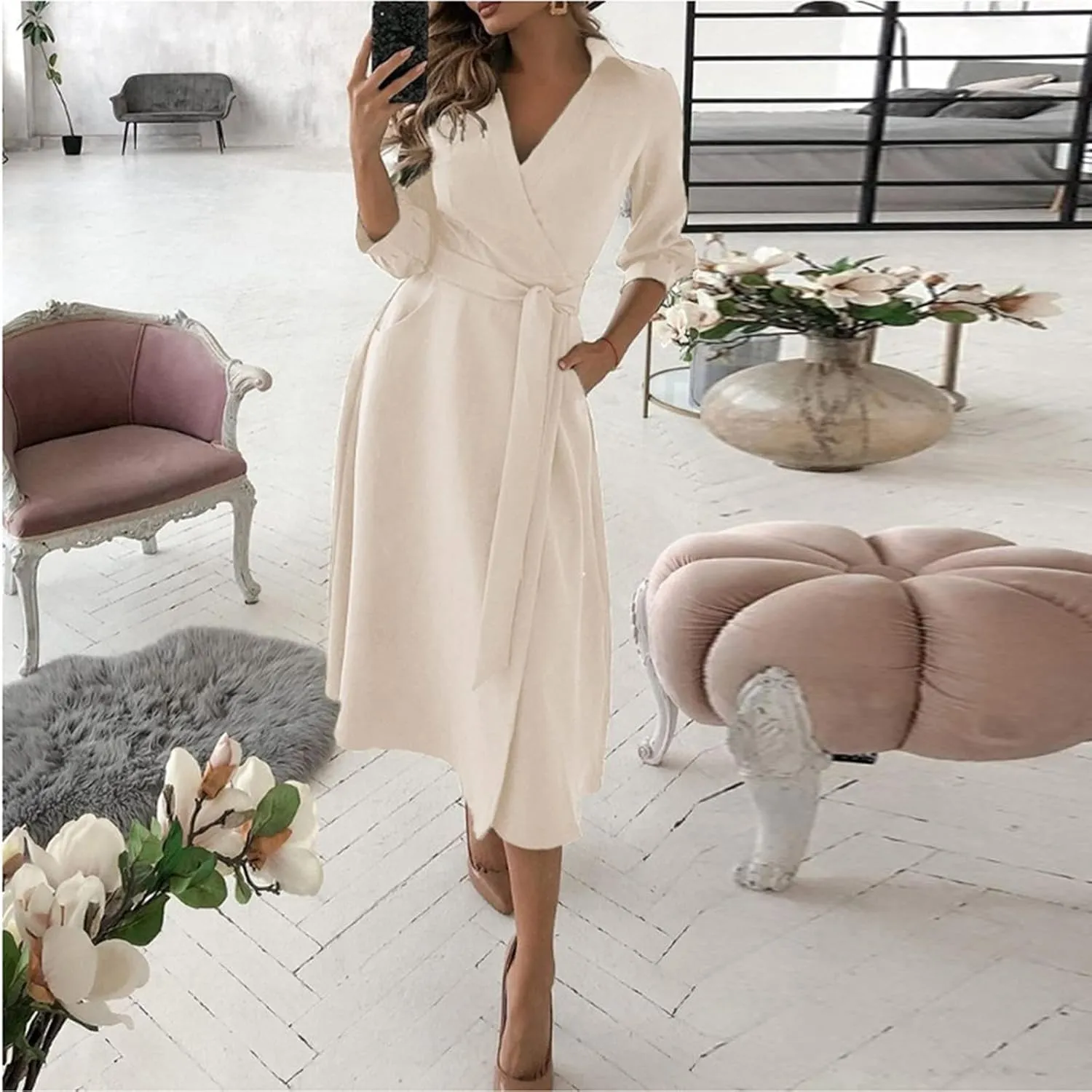 Maxi Dress for Women,2024 Summer Elegant Lapel V Neck Long/Short Sleeve Belt Office Dress,Flowy Ruched Beach Dress