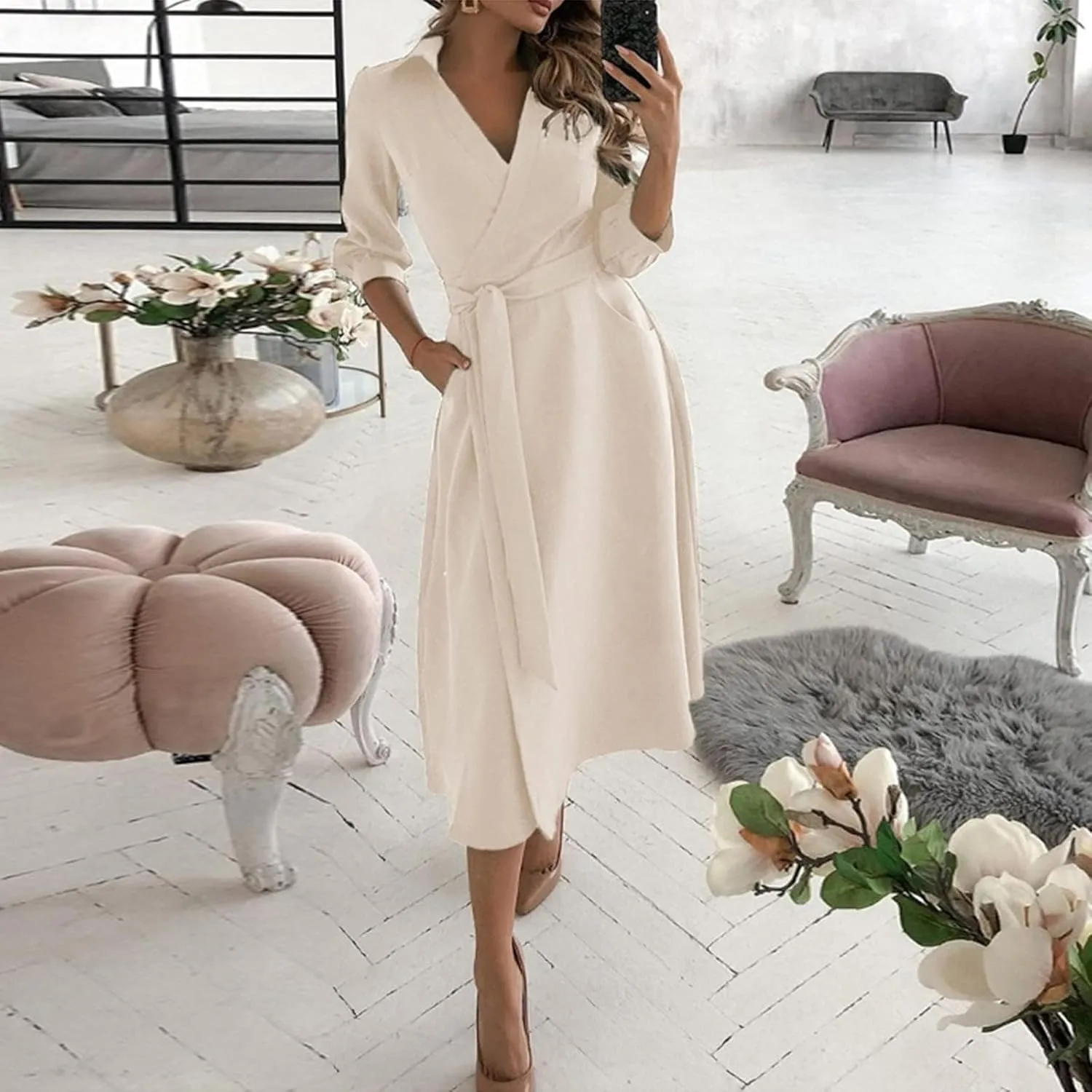 Maxi Dress for Women,2024 Summer Elegant Lapel V Neck Long/Short Sleeve Belt Office Dress,Flowy Ruched Beach Dress