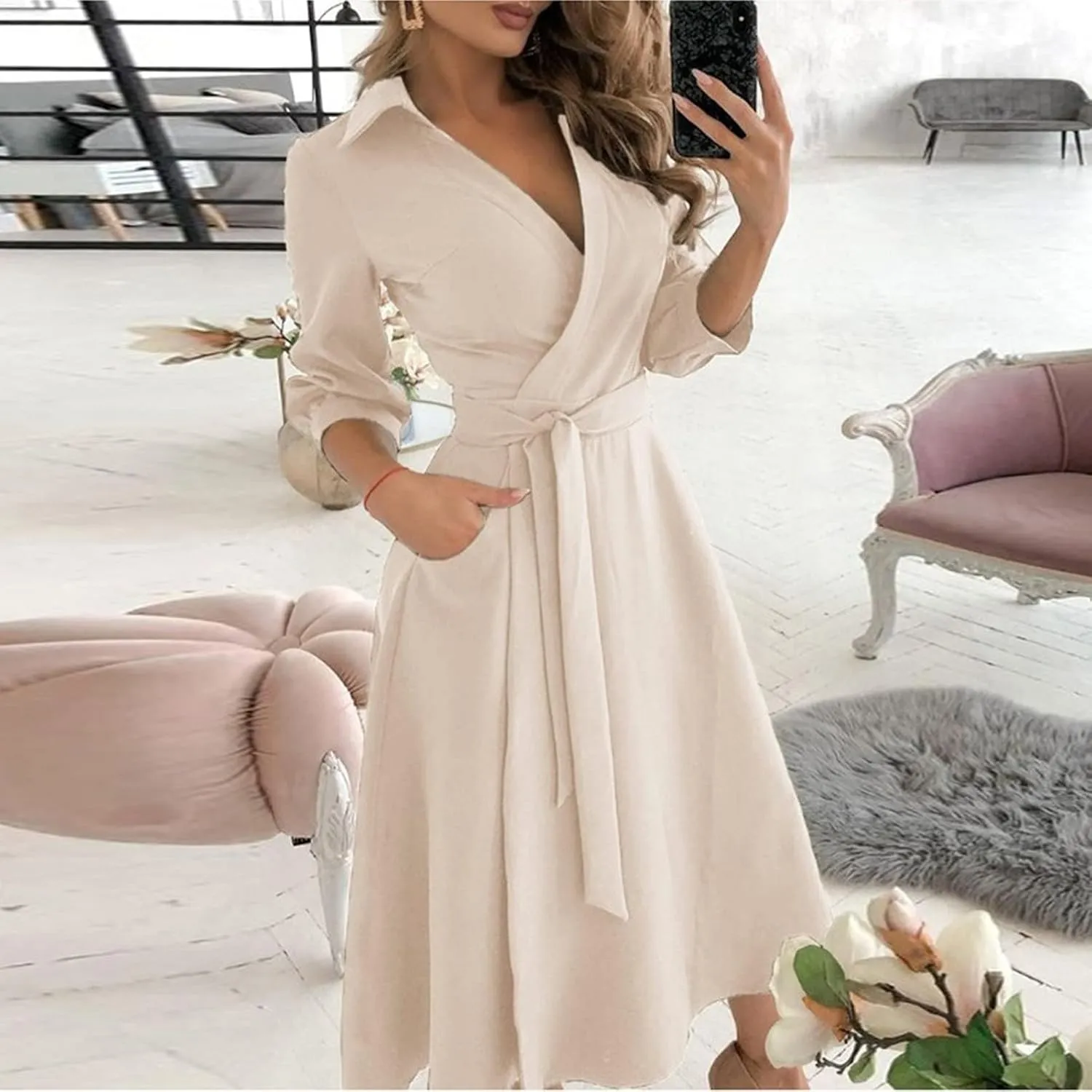 Maxi Dress for Women,2024 Summer Elegant Lapel V Neck Long/Short Sleeve Belt Office Dress,Flowy Ruched Beach Dress