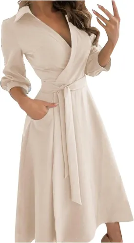 Maxi Dress for Women,2024 Summer Elegant Lapel V Neck Long/Short Sleeve Belt Office Dress,Flowy Ruched Beach Dress