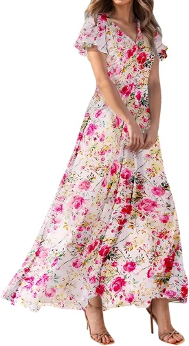 Maxi Dresses for Women,2025 Summer Trendy Floral Boho Dress,Casual V Neck Short Sleeve Chiffon Flowy Beach Dress