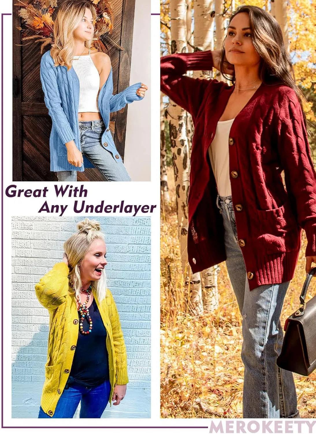 MEROKEETY Women's 2025 Fall Long Sleeve Cable Knit Sweater Open Front Cardigan Button Loose Outerwear