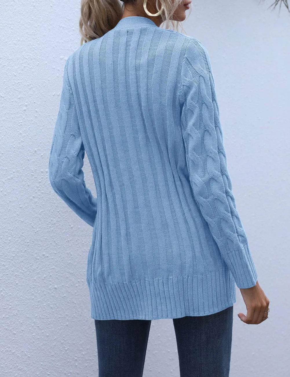 MEROKEETY Women's 2025 Fall Long Sleeve Cable Knit Sweater Open Front Cardigan Button Loose Outerwear
