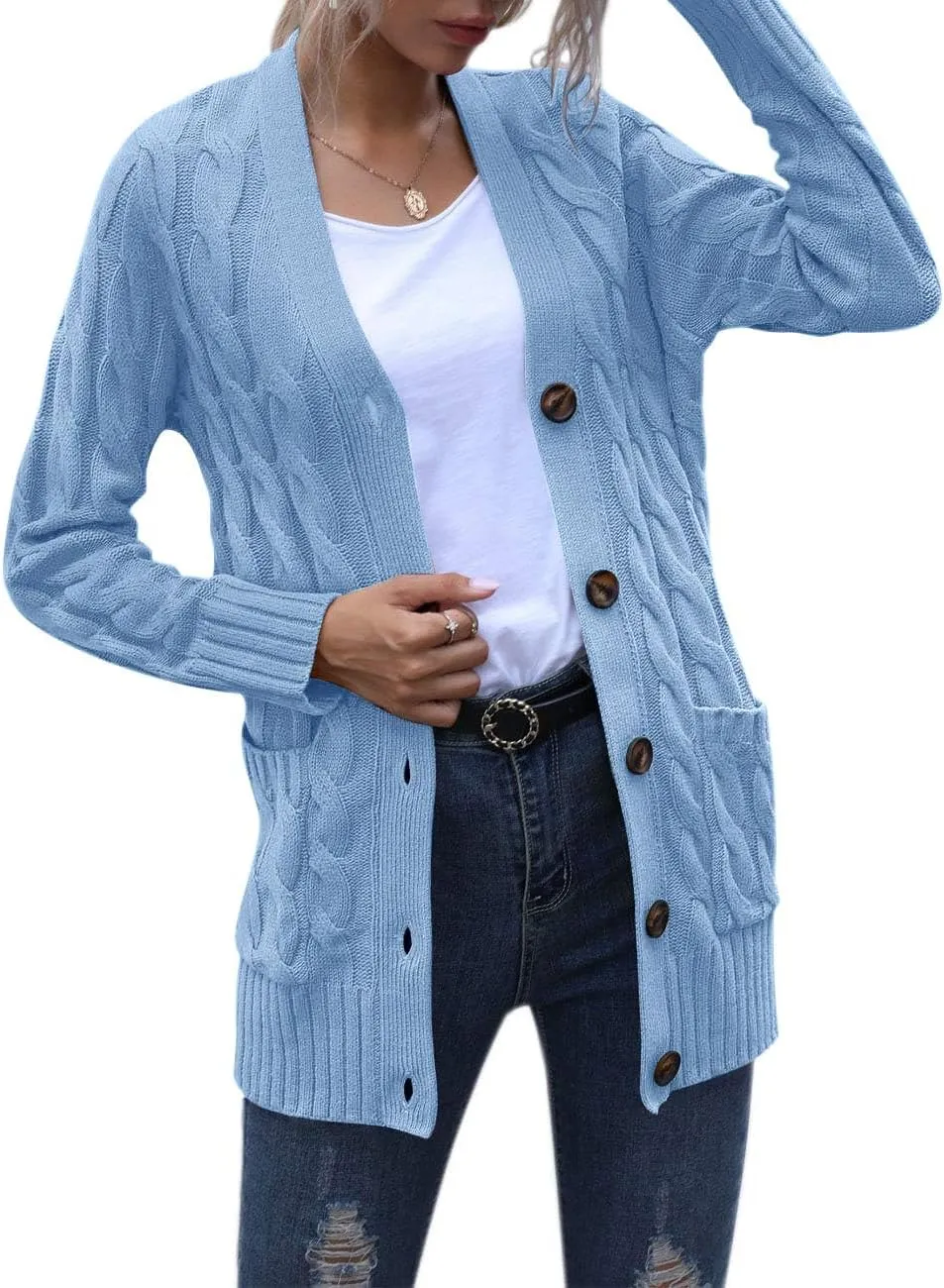 MEROKEETY Women's 2025 Fall Long Sleeve Cable Knit Sweater Open Front Cardigan Button Loose Outerwear