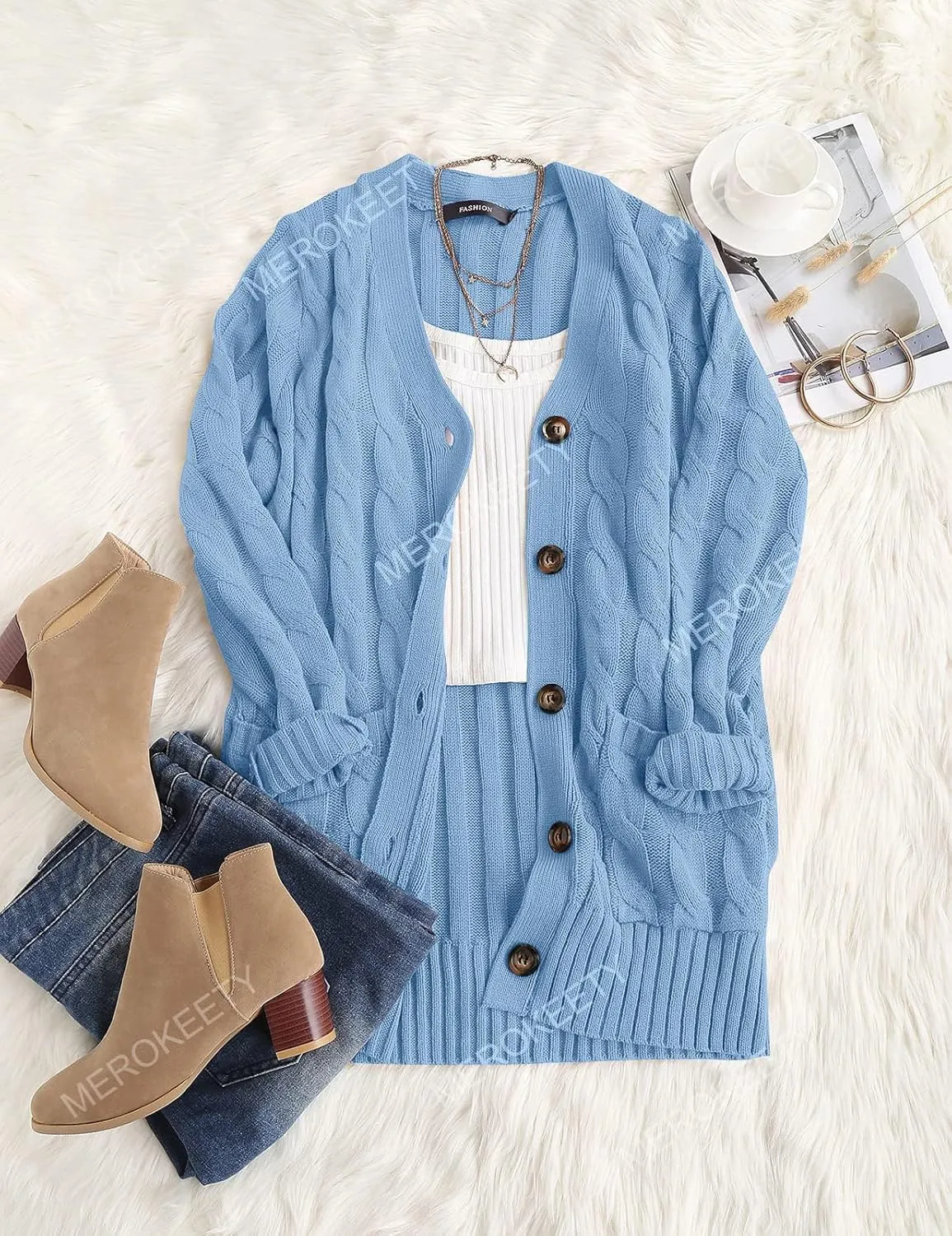 MEROKEETY Women's 2025 Fall Long Sleeve Cable Knit Sweater Open Front Cardigan Button Loose Outerwear