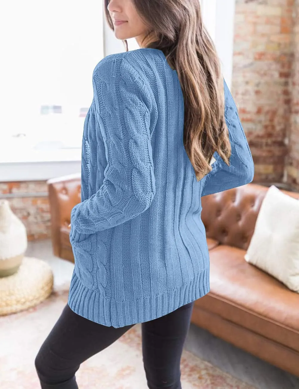MEROKEETY Women's 2025 Fall Long Sleeve Cable Knit Sweater Open Front Cardigan Button Loose Outerwear