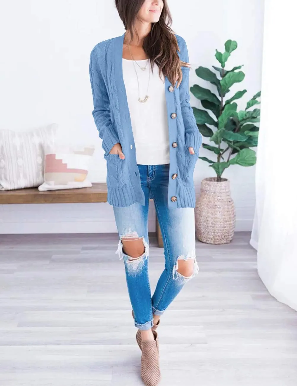 MEROKEETY Women's 2025 Fall Long Sleeve Cable Knit Sweater Open Front Cardigan Button Loose Outerwear