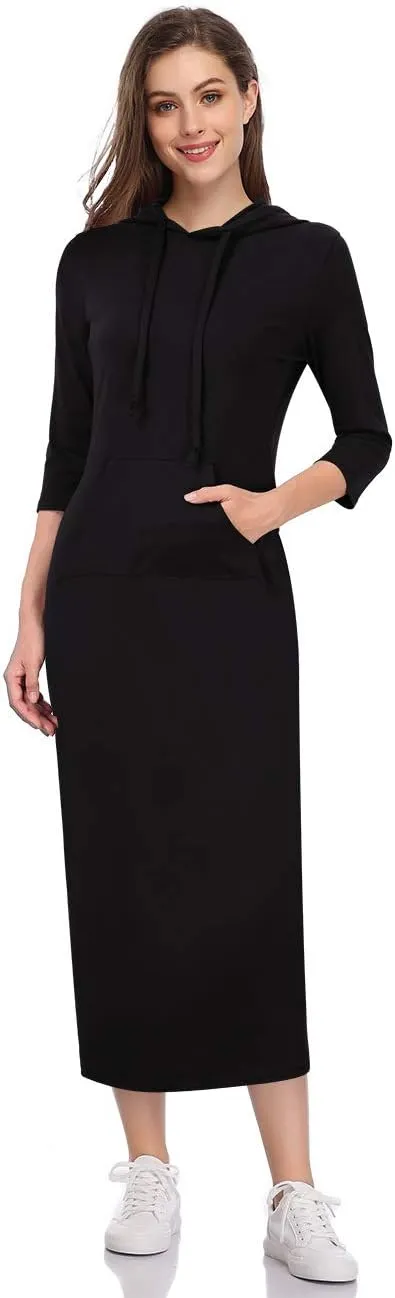 MISSKY Women's Casual Pocket Slim Pullover Maxi Hoodie Dress