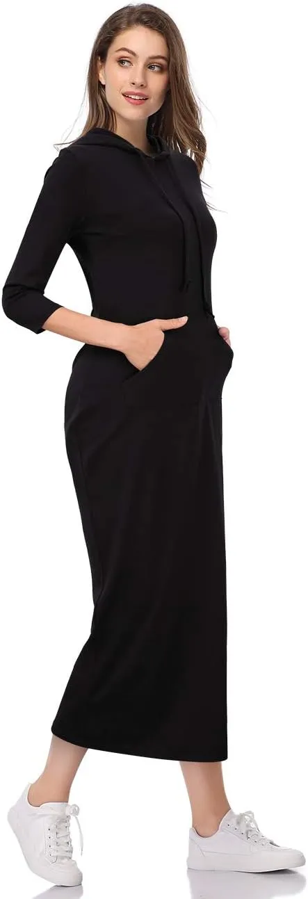 MISSKY Women's Casual Pocket Slim Pullover Maxi Hoodie Dress