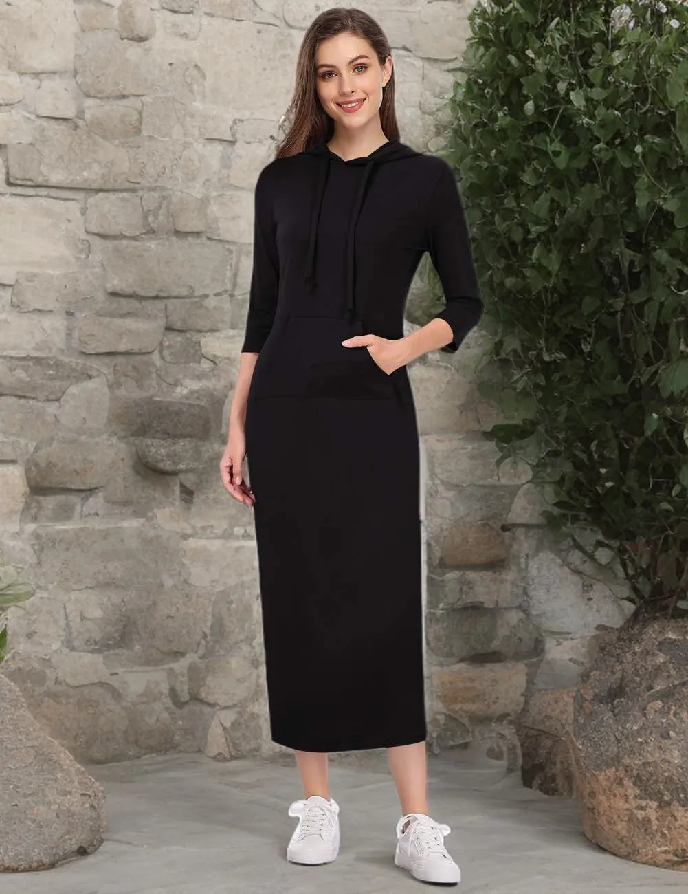 MISSKY Women's Casual Pocket Slim Pullover Maxi Hoodie Dress