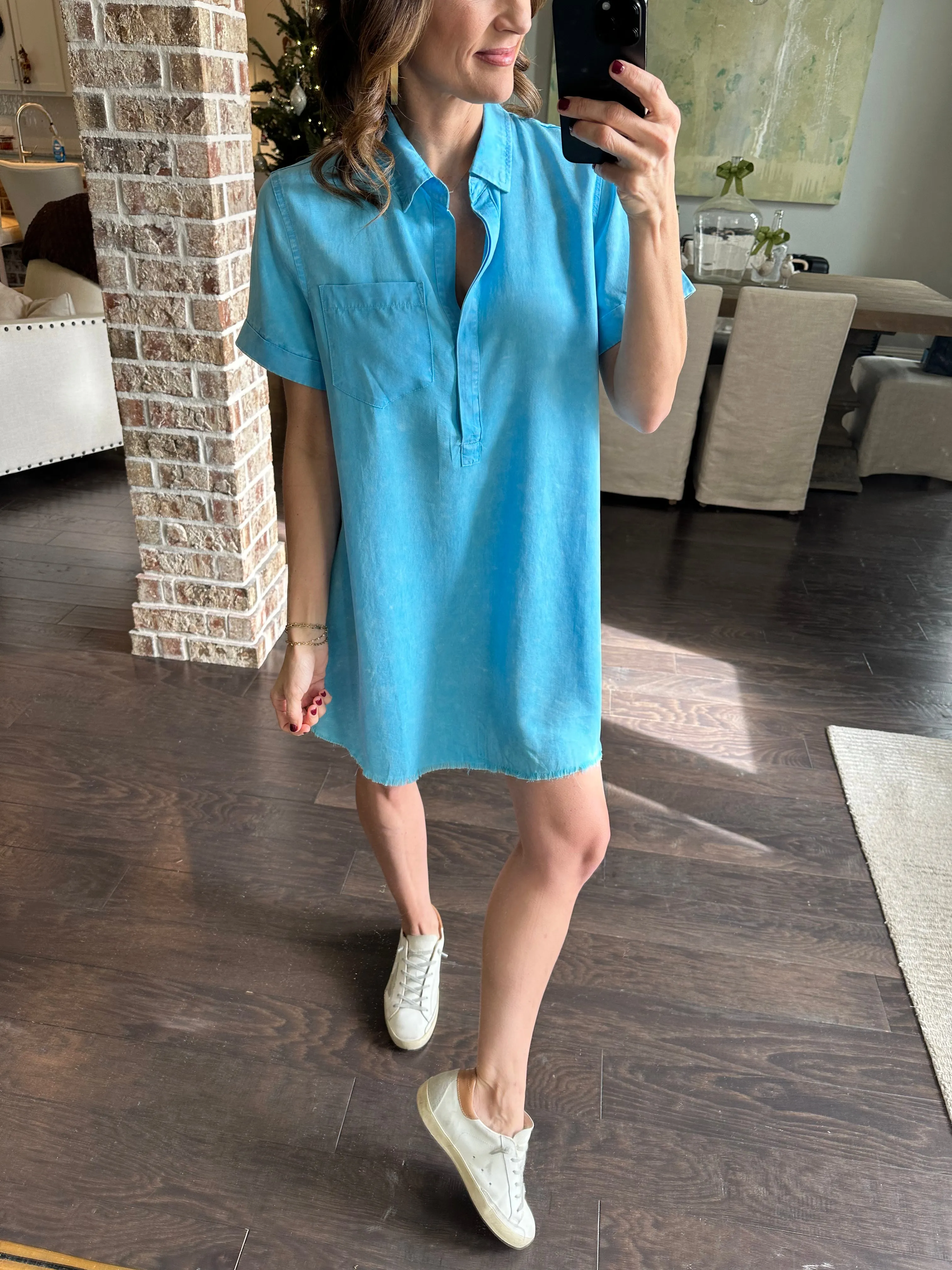 Moon Washed Denim Mini Dress- Sky Blue