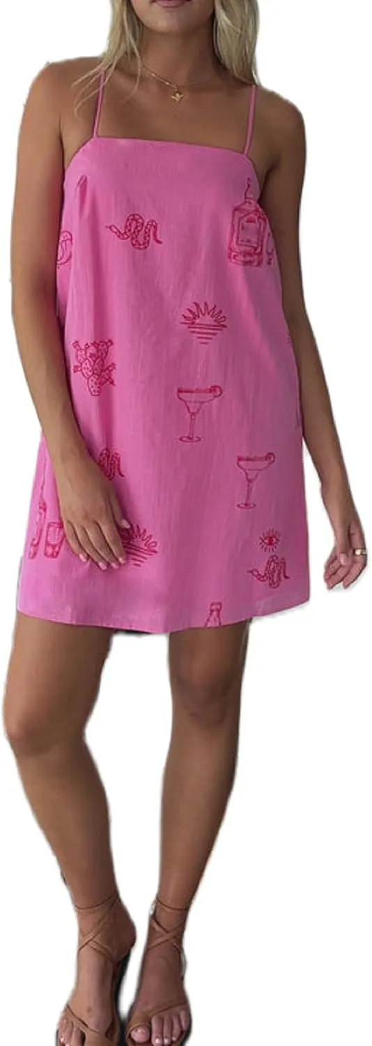 NUFIWI Women Boho Graffiti Cami Mini Dress Spaghetti Strap Printed A Line Short Dress Backless Cut Out Colorful Sundress