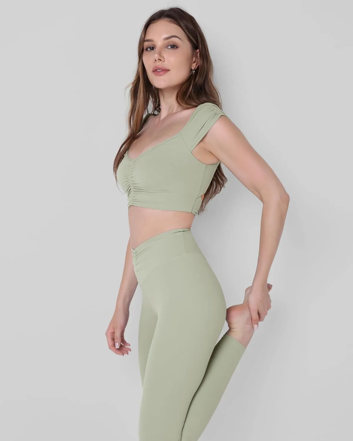 ODODOS Ruched Front Crop Tank for Women V-Neck Cut Out Back Cap Sleeve Cropped Tops