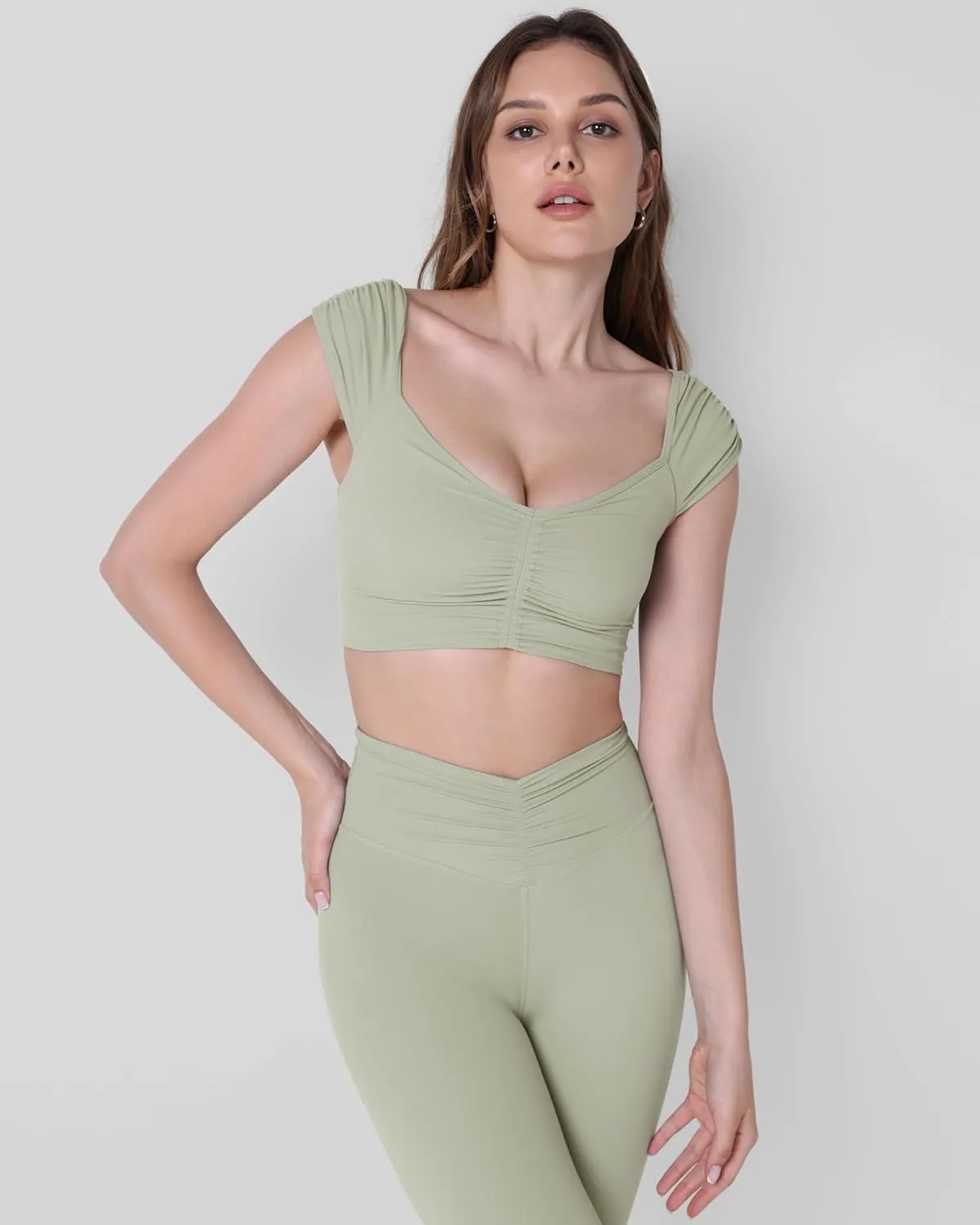 ODODOS Ruched Front Crop Tank for Women V-Neck Cut Out Back Cap Sleeve Cropped Tops