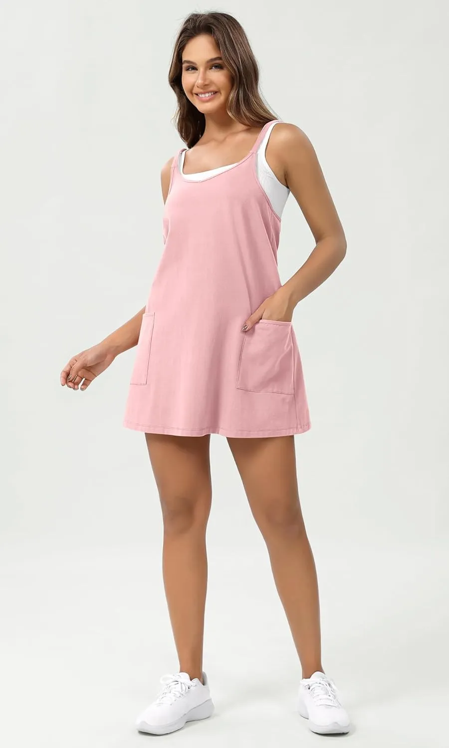 ODODOS Women's Purevibe Cotton Mini Dress with Pockets Strappy Racerback Cover Up Tank Dress (Shirts Not Included)
