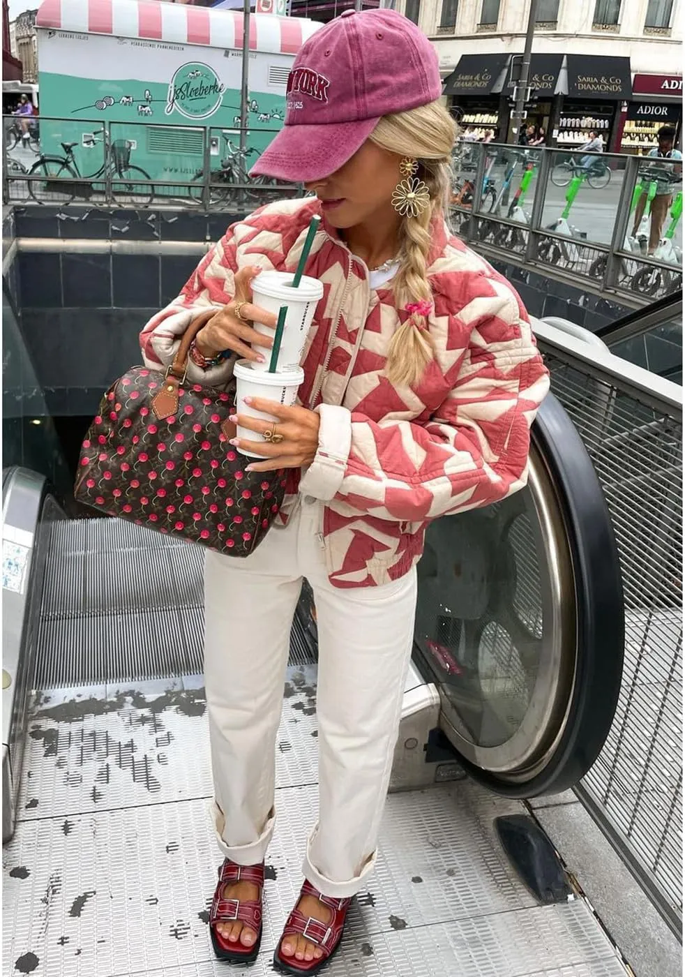 Patterned Cropped Wadded Puffer Jacket Winter Padded Coat Street Style Bomber Jacket for Women