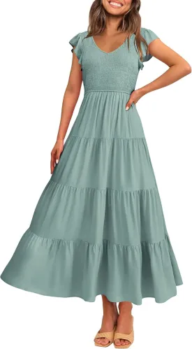 PRETTYGARDEN Women's Summer Flowy Maxi Dress Casual Cap Sleeve V Neck Smocked Beach Sundress