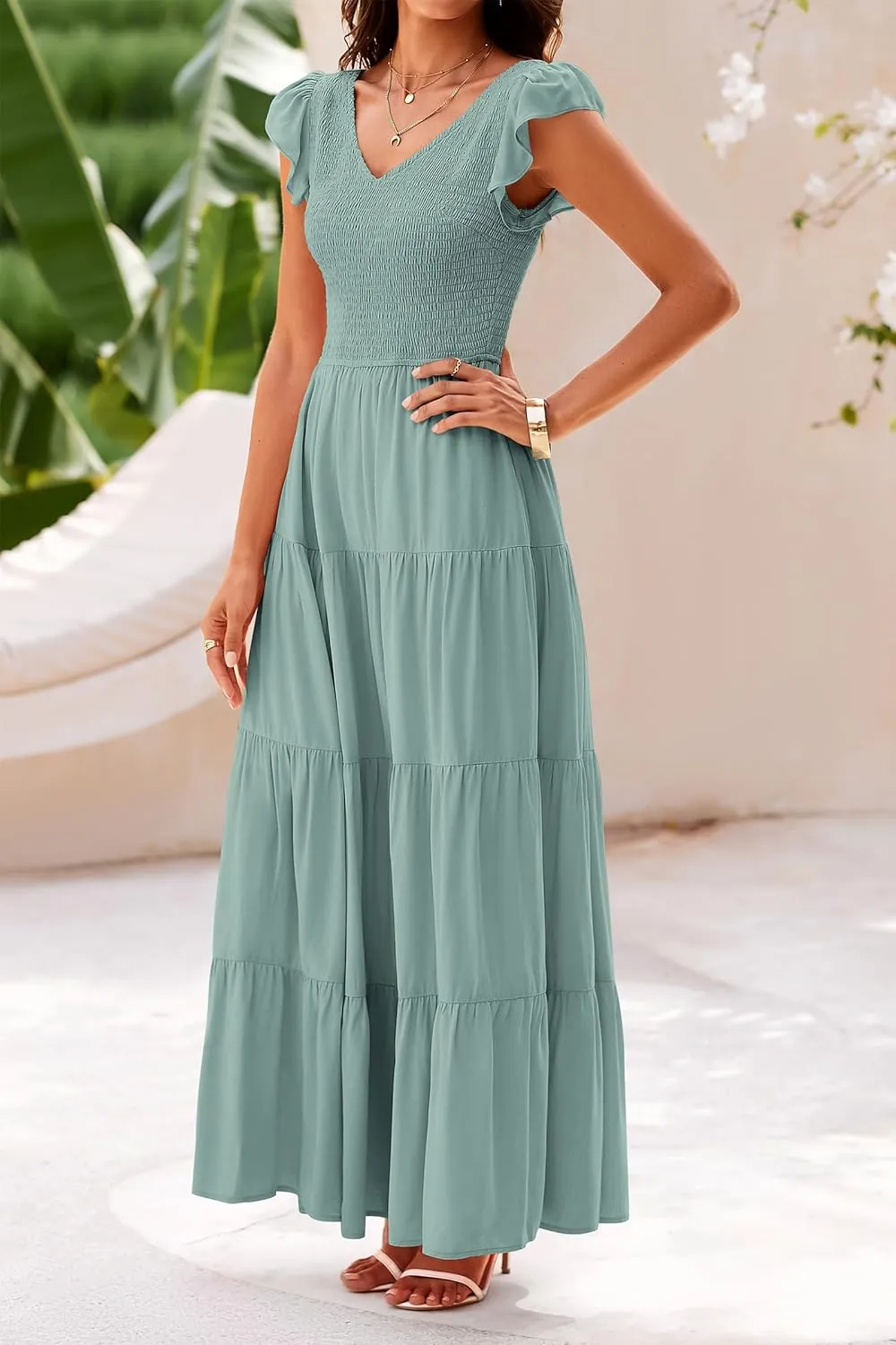 PRETTYGARDEN Women's Summer Flowy Maxi Dress Casual Cap Sleeve V Neck Smocked Beach Sundress