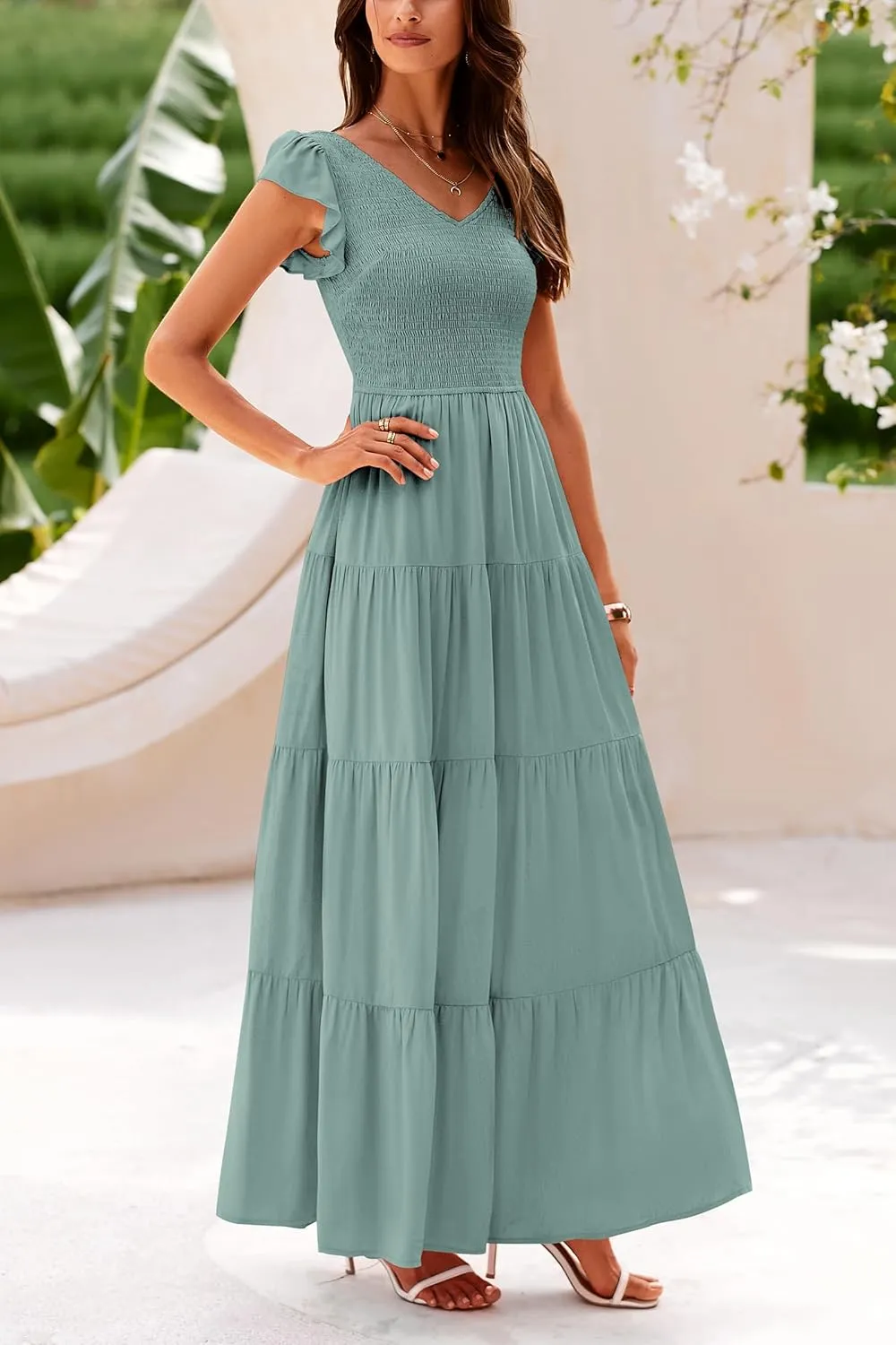 PRETTYGARDEN Women's Summer Flowy Maxi Dress Casual Cap Sleeve V Neck Smocked Beach Sundress