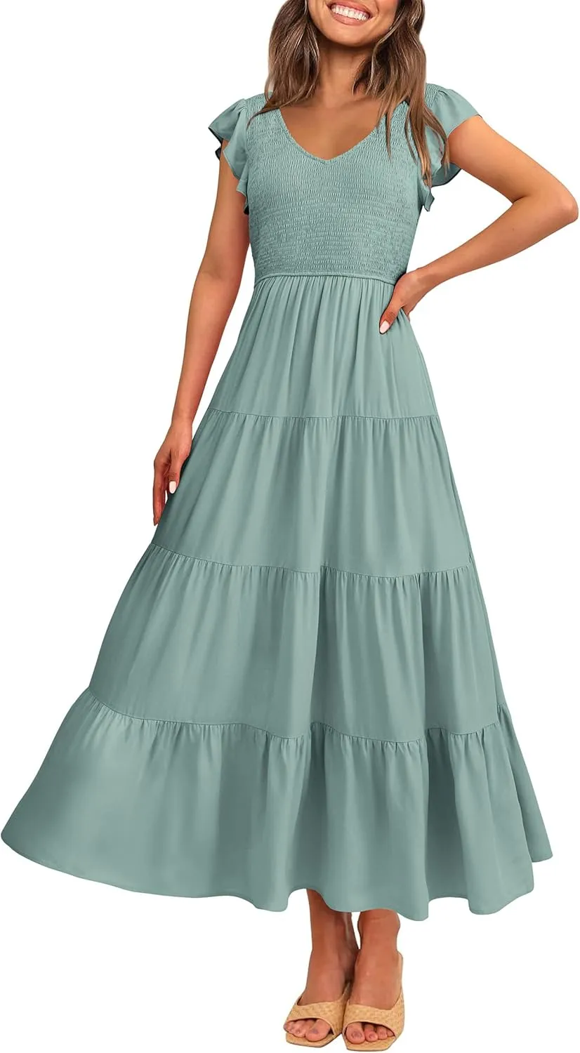 PRETTYGARDEN Women's Summer Flowy Maxi Dress Casual Cap Sleeve V Neck Smocked Beach Sundress