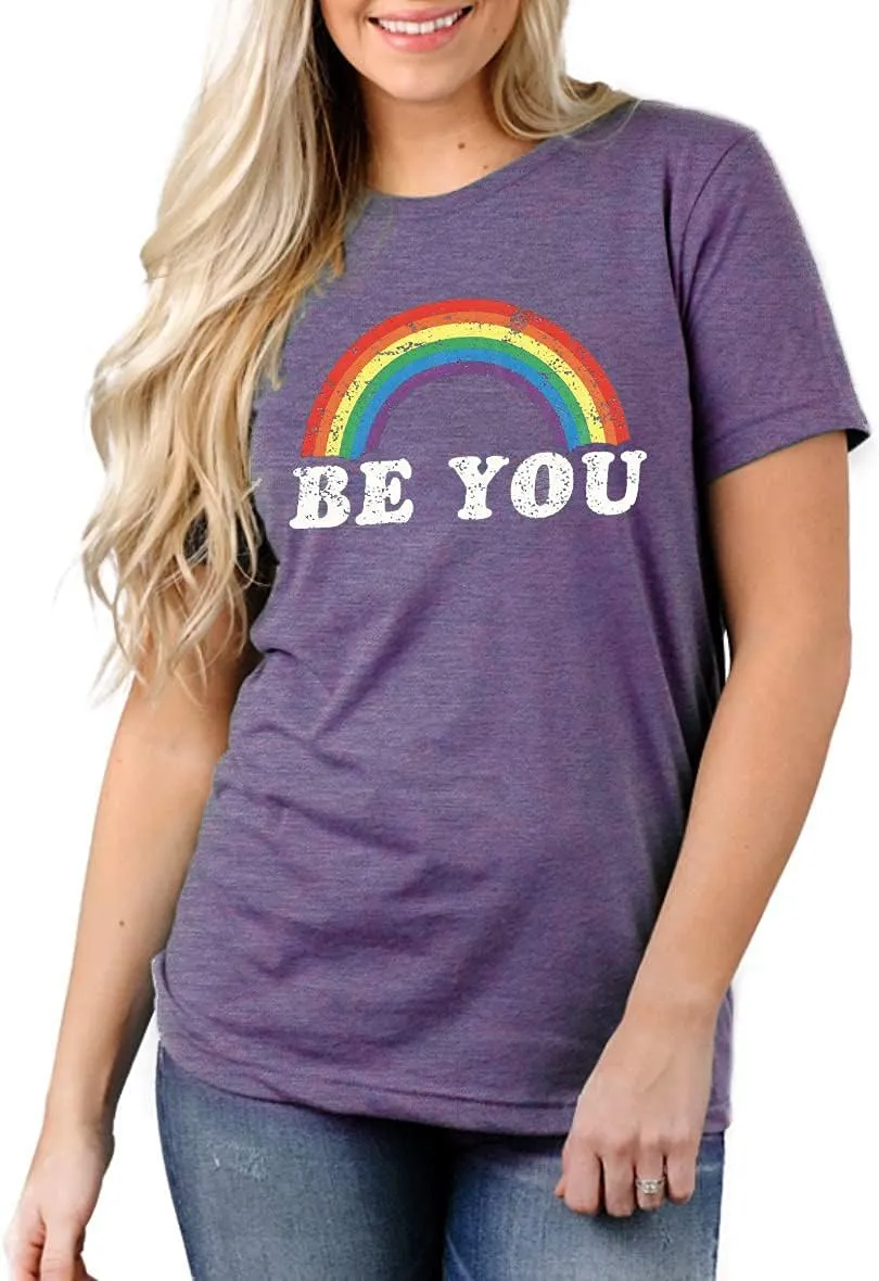 Pride Shirt Women Rainbow Graphic Tees Funny Be You Letter Print T Shirt LGBT Equality Shirts Casual Short Sleeve Tops