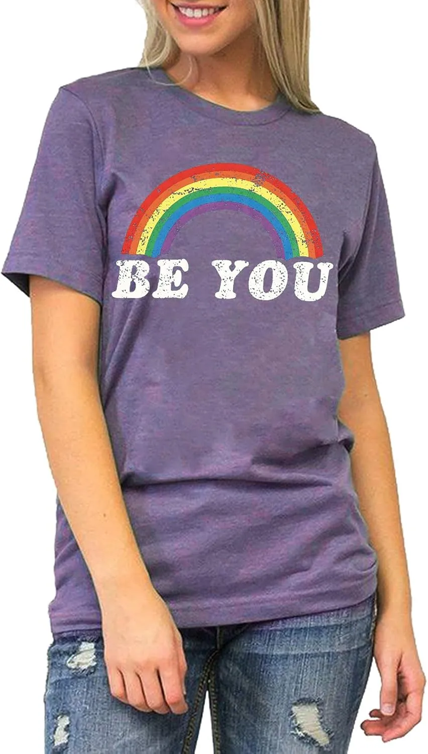 Pride Shirt Women Rainbow Graphic Tees Funny Be You Letter Print T Shirt LGBT Equality Shirts Casual Short Sleeve Tops
