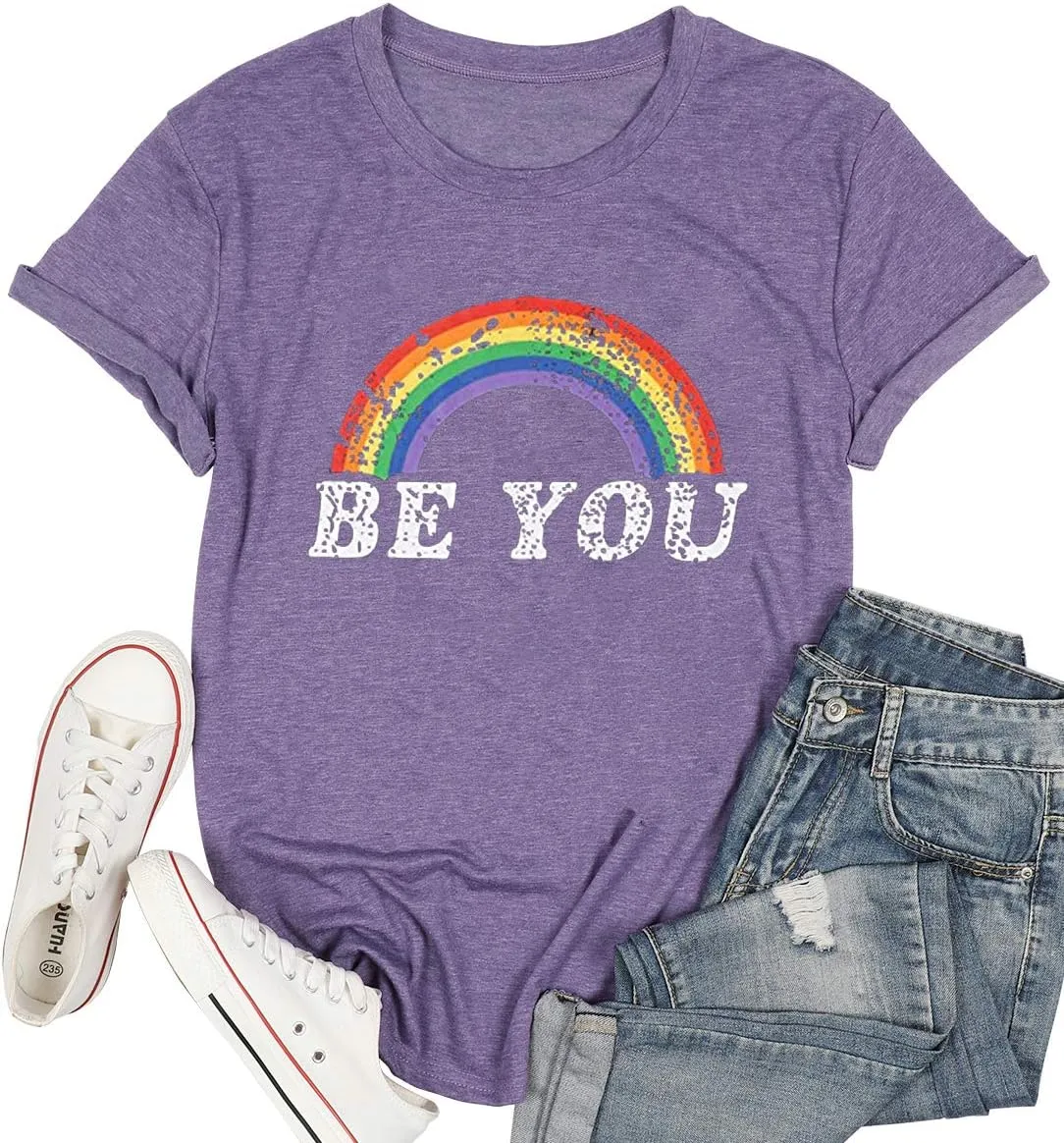 Pride Shirt Women Rainbow Graphic Tees Funny Be You Letter Print T Shirt LGBT Equality Shirts Casual Short Sleeve Tops