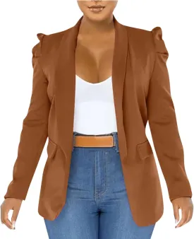 Puff Sleeve Blazers for Women 2023 Pad Shoulder Open Front Work Blazer Suit Business Solid Color Coats Office Jacket