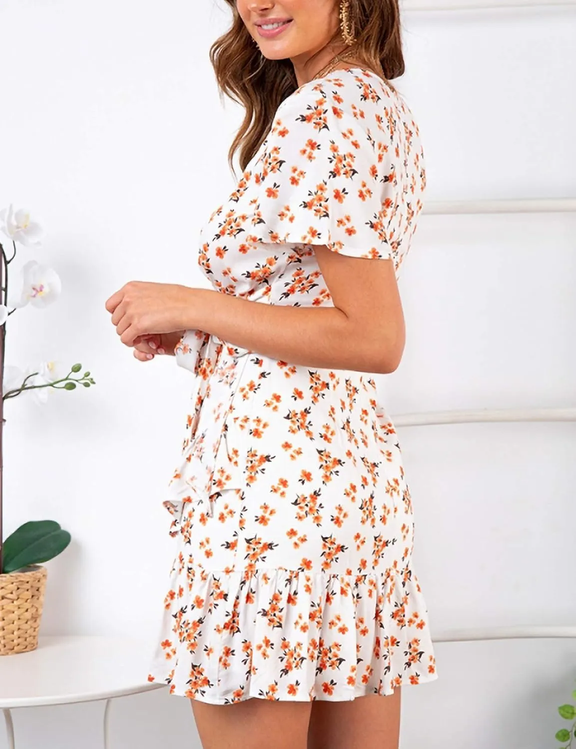Relipop Summer Women Short Sleeve Print Dress V Neck Casual Short Dresses