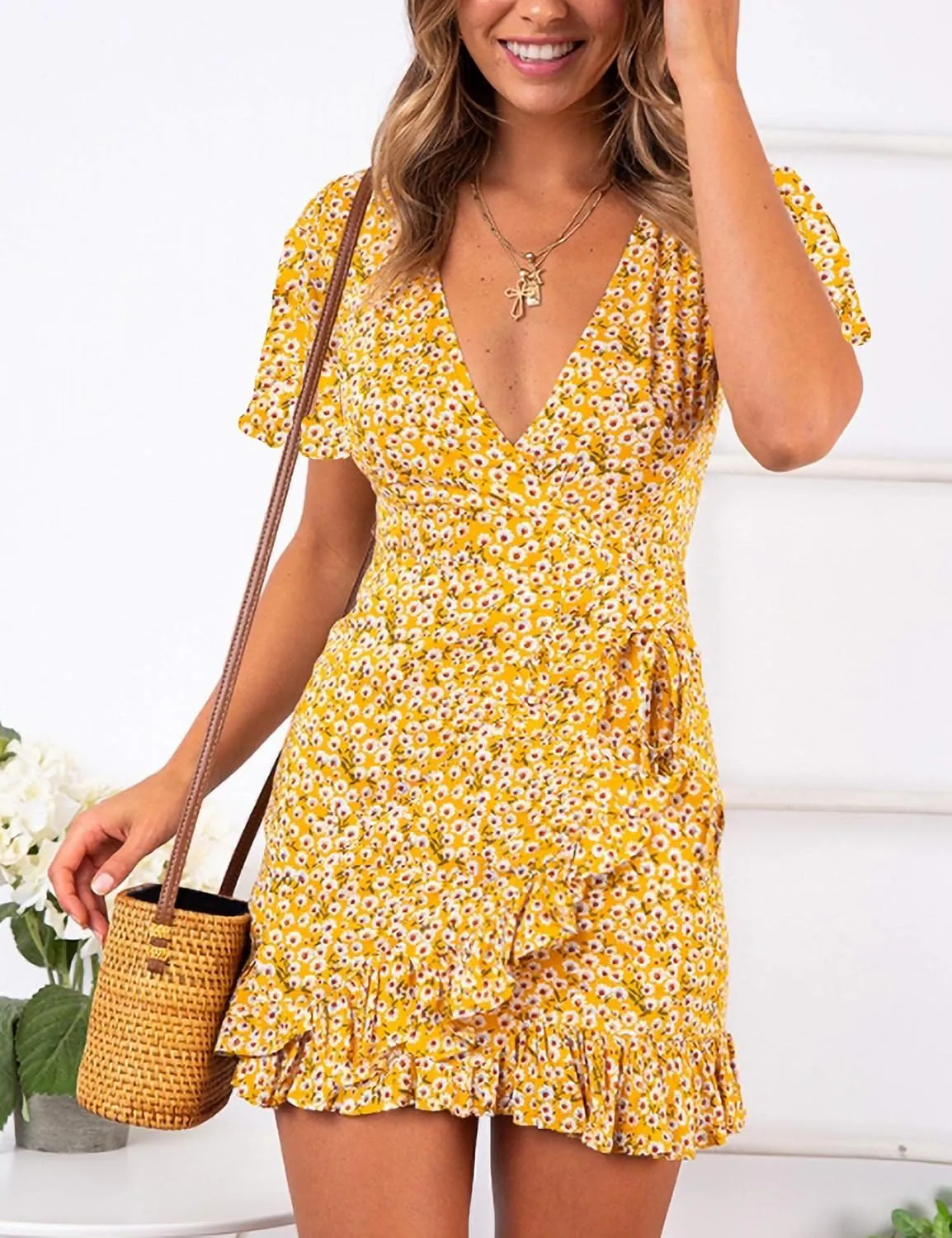 Relipop Summer Women Short Sleeve Print Dress V Neck Casual Short Dresses