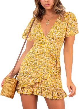 Relipop Summer Women Short Sleeve Print Dress V Neck Casual Short Dresses