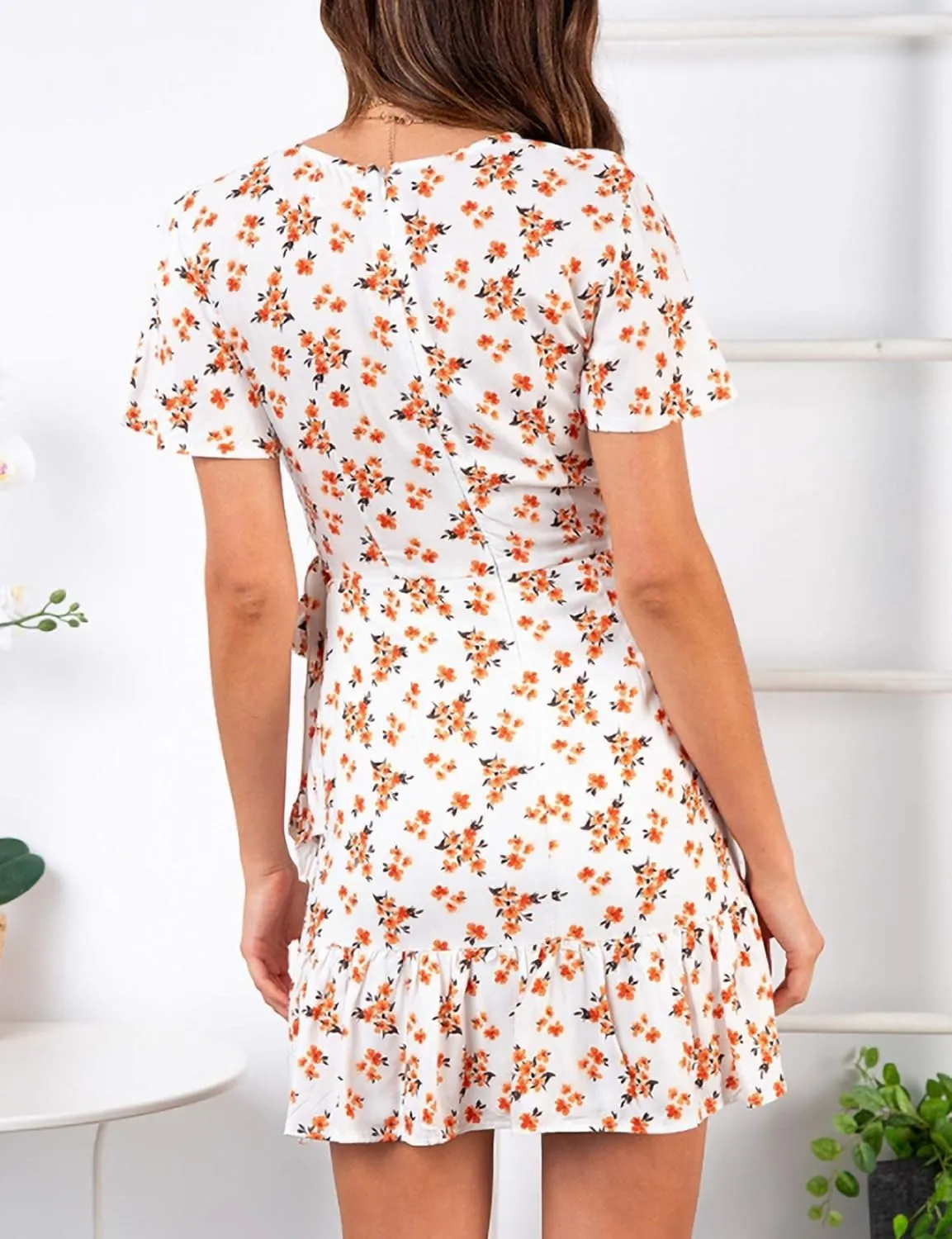 Relipop Summer Women Short Sleeve Print Dress V Neck Casual Short Dresses