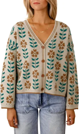 Saodimallsu Womens Floral Print V Neck Cardigan Open Front Button Down Knit Sweater Long Sleeve Loose Fashion Tops