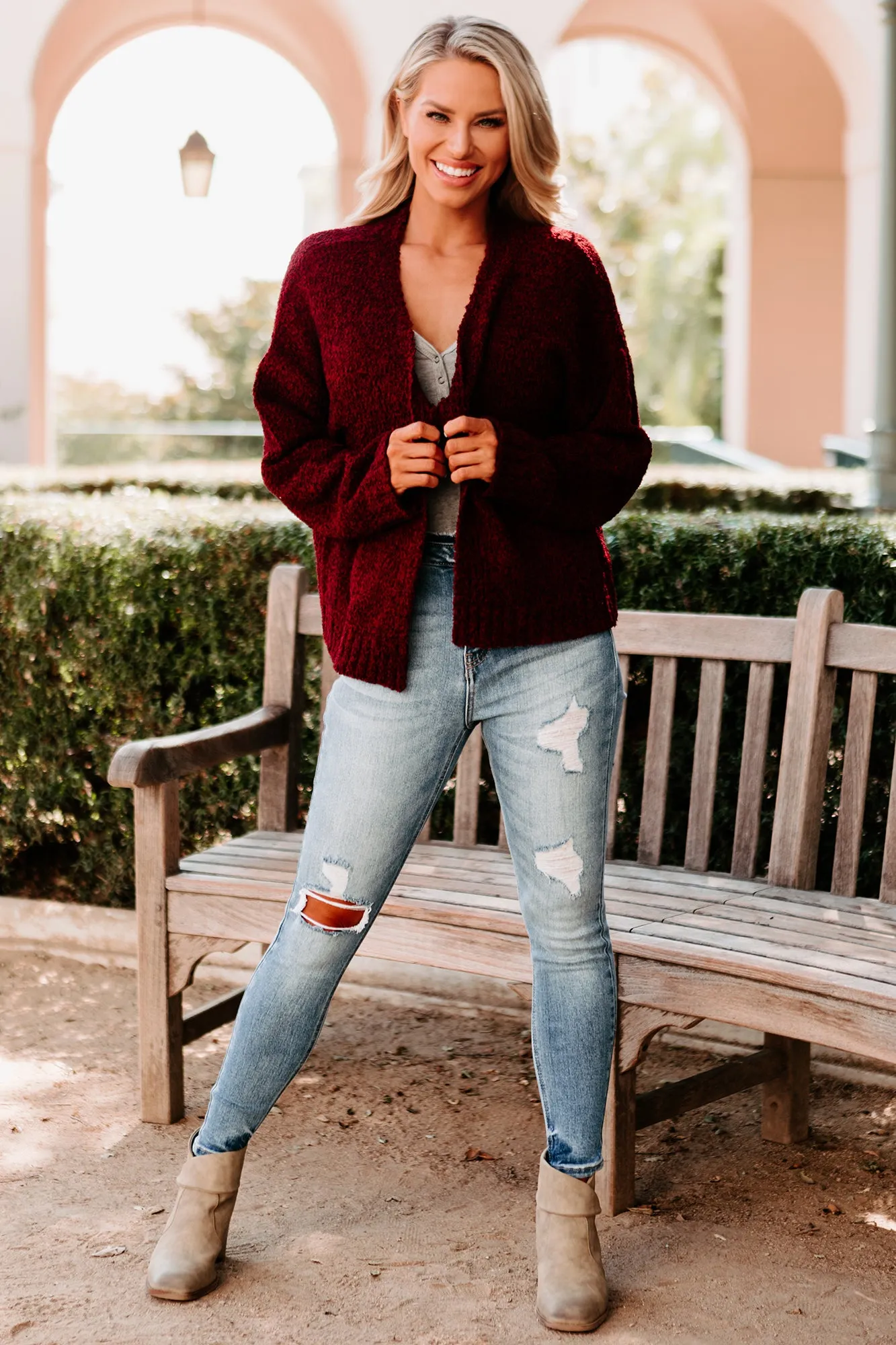 Staying Away Fuzzy Knit Cardigan (Burgundy)