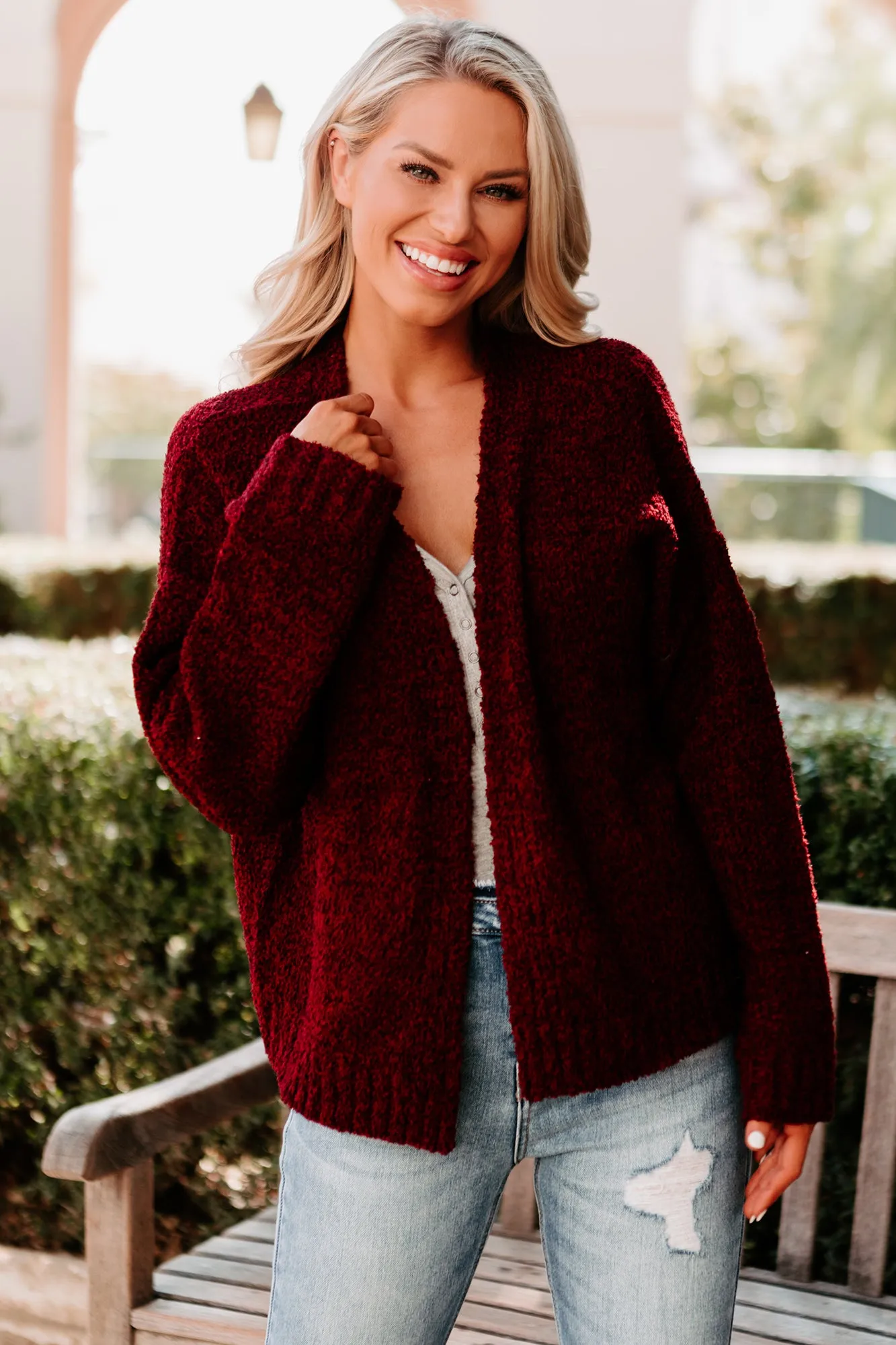 Staying Away Fuzzy Knit Cardigan (Burgundy)