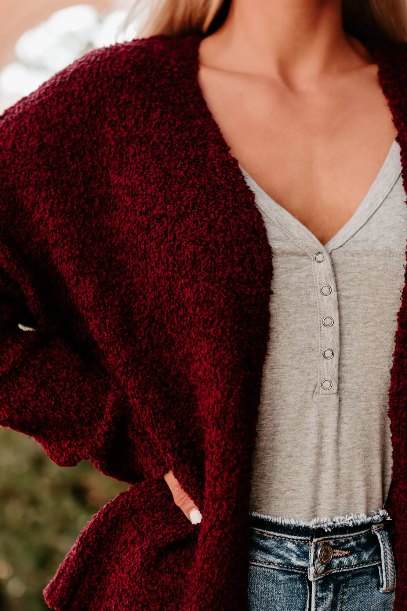 Staying Away Fuzzy Knit Cardigan (Burgundy)
