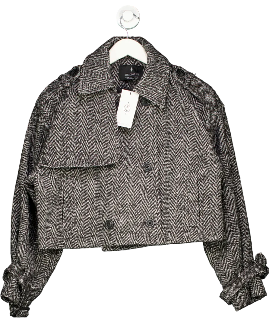 Stradivarius Black Cropped Wool Trench Coat UK S
