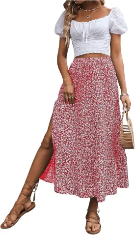 SweatyRocks Women's Casual High Waist Floral Print Skirt Split Thigh A Line Maxi Skirts