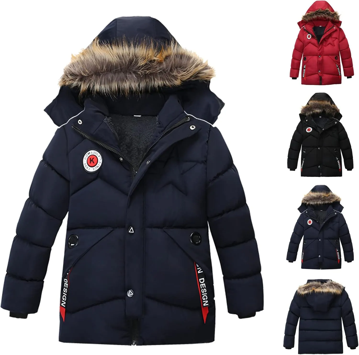 Toddler Boys Girls Down Jacket Fur Hood Thick Warm Winter Coat Parka Kids Fleece Lined Quilted Padded Jacket Coat