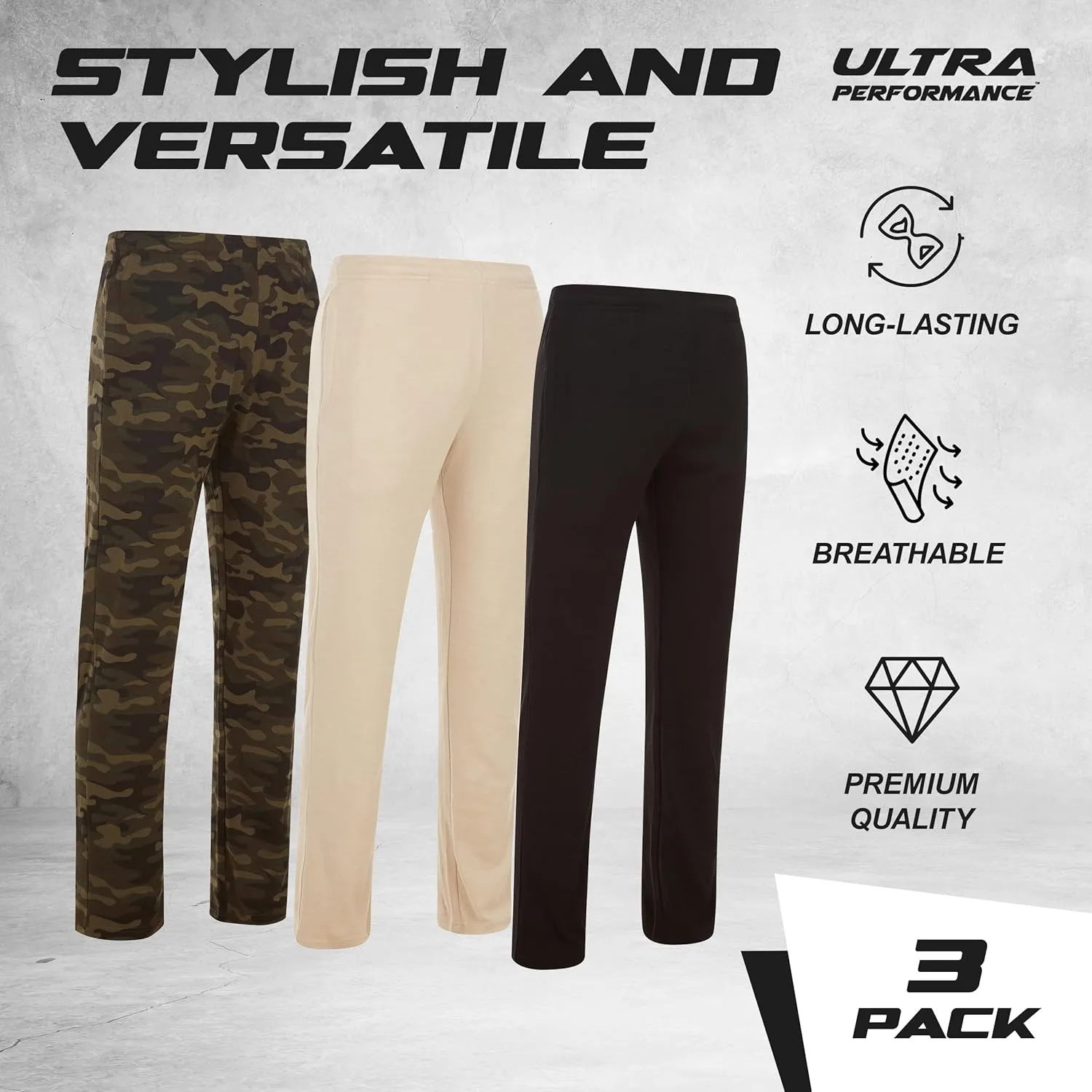 Ultra Performance 3 Pack Mens Sweatpants, Wide Leg Open Bottom Lounge Sweat Pants for Men