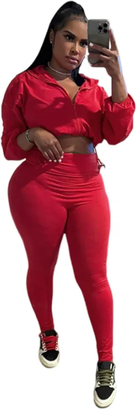 Uni Clau Women 2 Piece Outfits Tracksuit Drawstring Long Sleeve Zip Up Crop Jacket with Bodycon Pant Set Sweatsuit Clothes