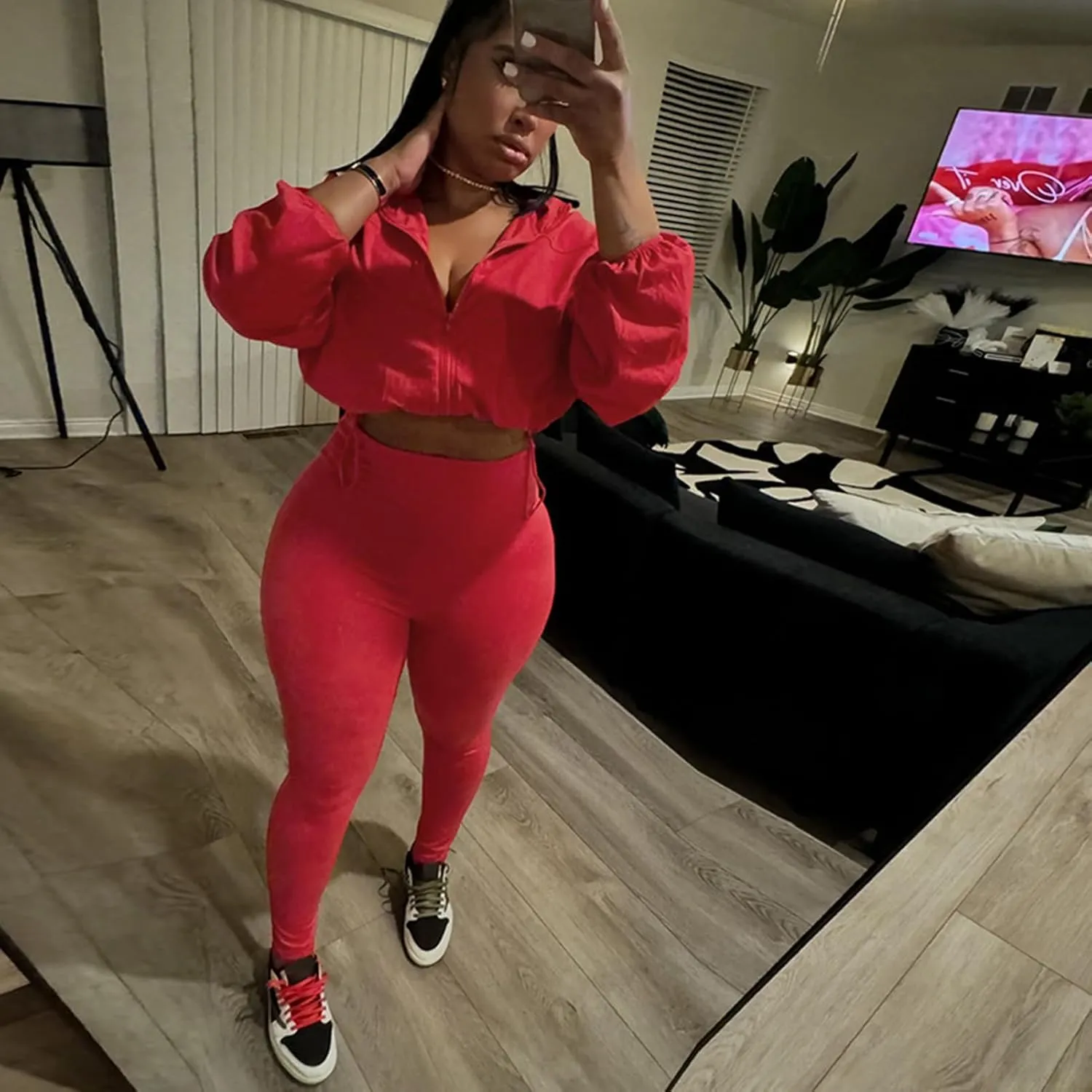 Uni Clau Women 2 Piece Outfits Tracksuit Drawstring Long Sleeve Zip Up Crop Jacket with Bodycon Pant Set Sweatsuit Clothes